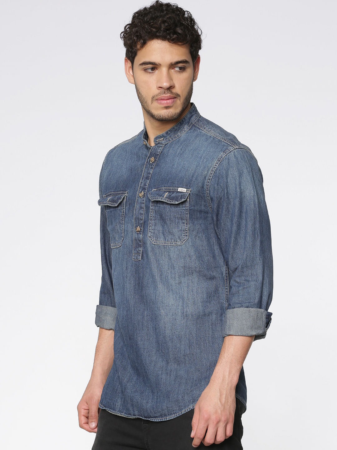 Blue Washed Effect Full Sleeves Denim Shirt