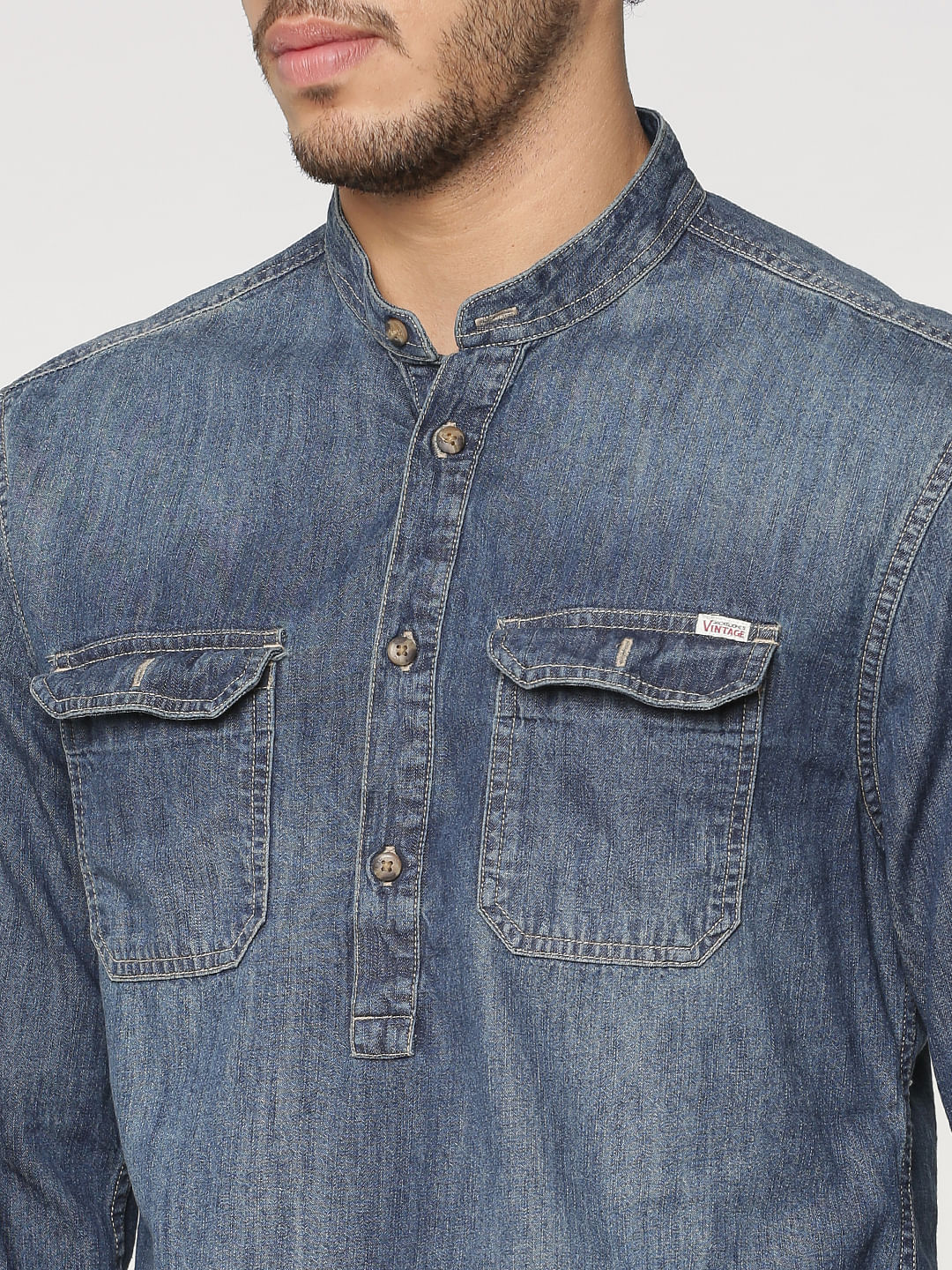 Blue Washed Effect Full Sleeves Denim Shirt