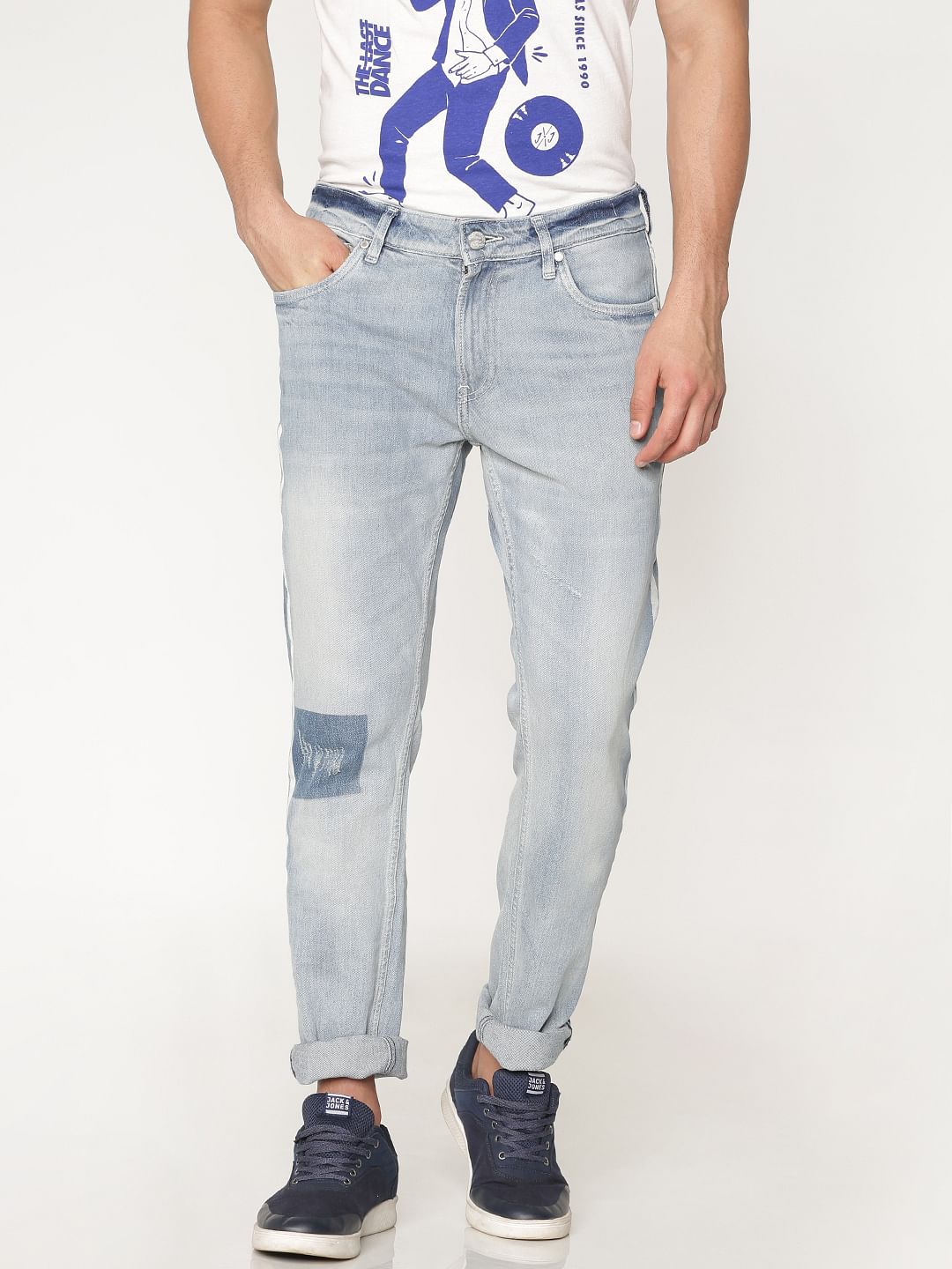 Boys Light Blue Side Tape And Knee Patch Detail Washed Ben Skinny Fit Jeans - 128/8Y