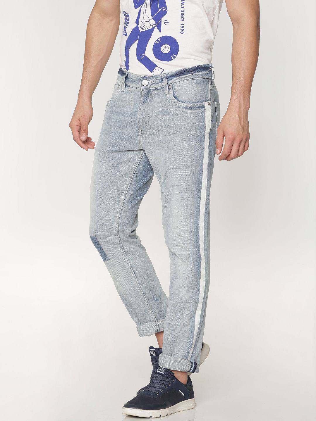 Boys Light Blue Side Tape And Knee Patch Detail Washed Ben Skinny Fit Jeans
