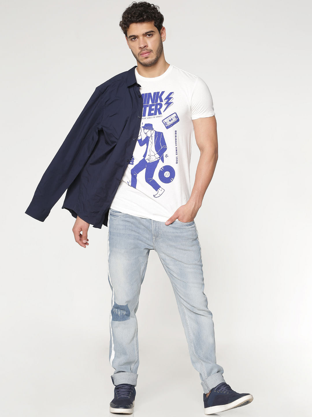 Boys Light Blue Side Tape And Knee Patch Detail Washed Ben Skinny Fit Jeans