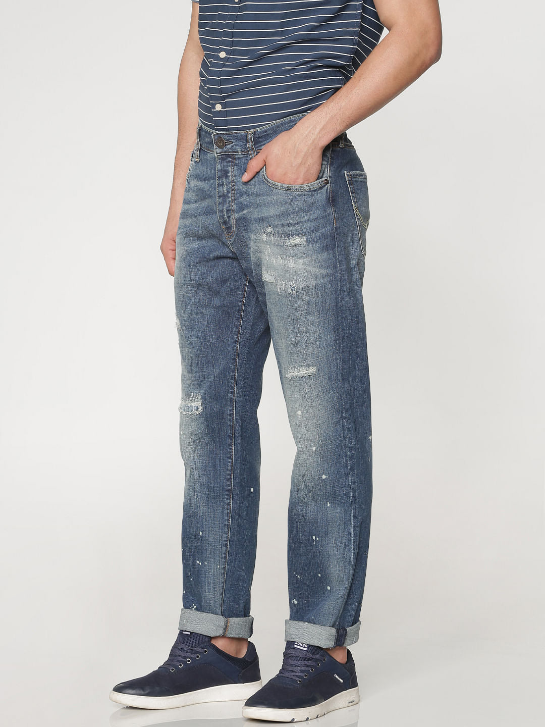 Blue Mildly Distressed Mike Regular Fit Jeans