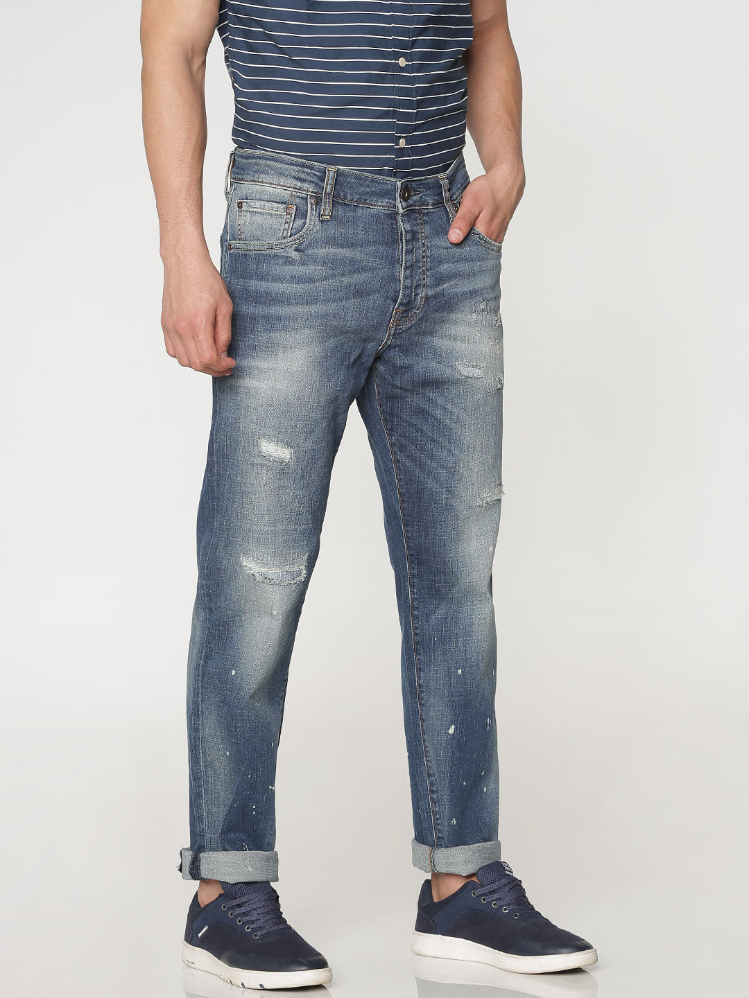 Blue Mildly Distressed Mike Regular Fit Jeans