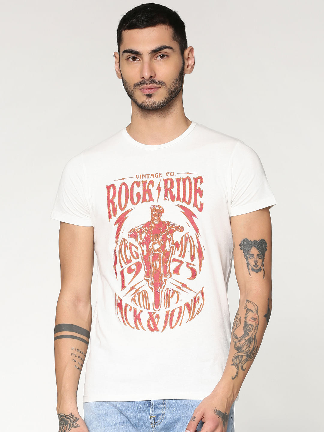 White Typographic Print Crew Neck T-Shirt - S