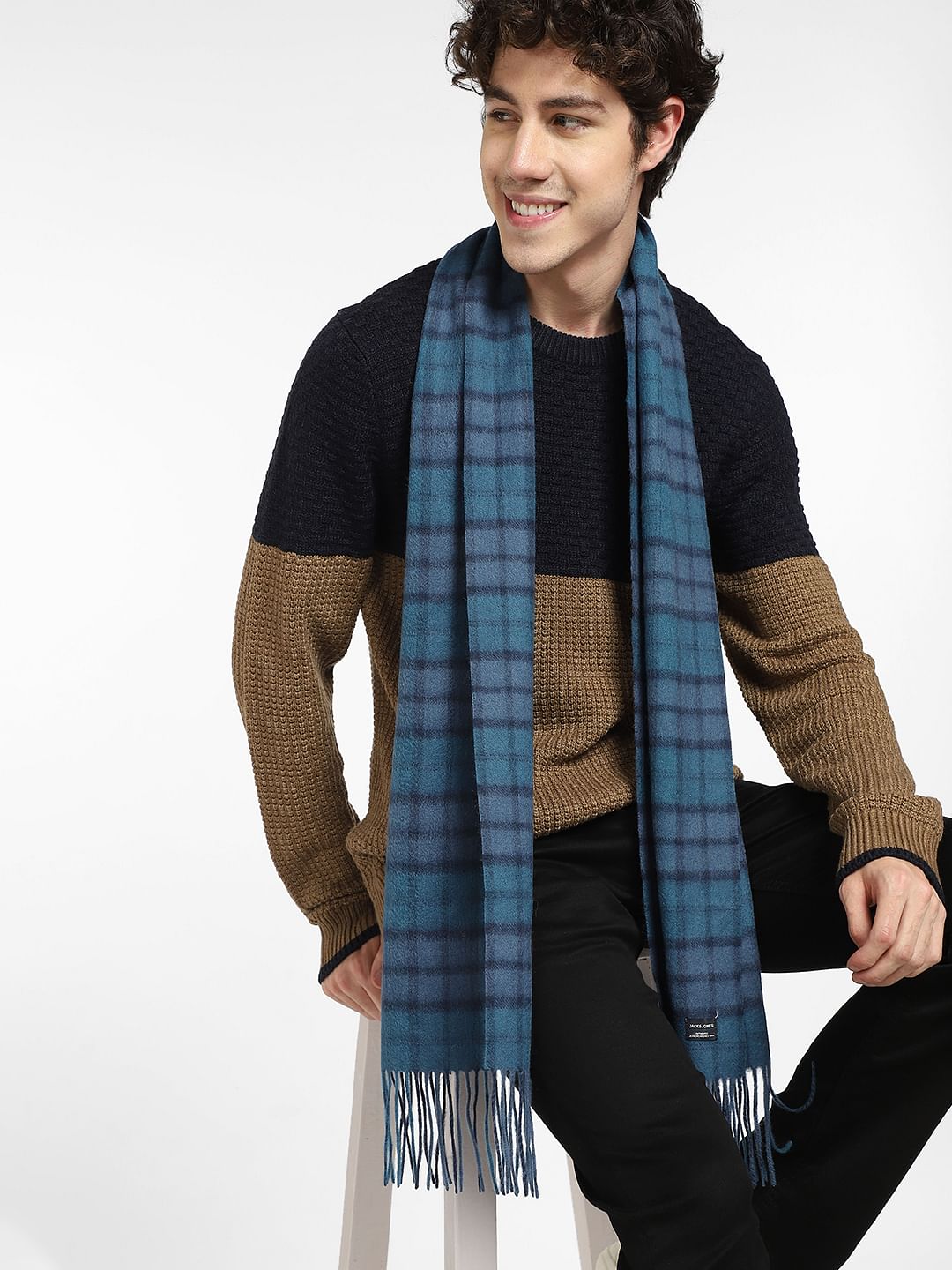 Blue Check Print Woven Scarf - ONE