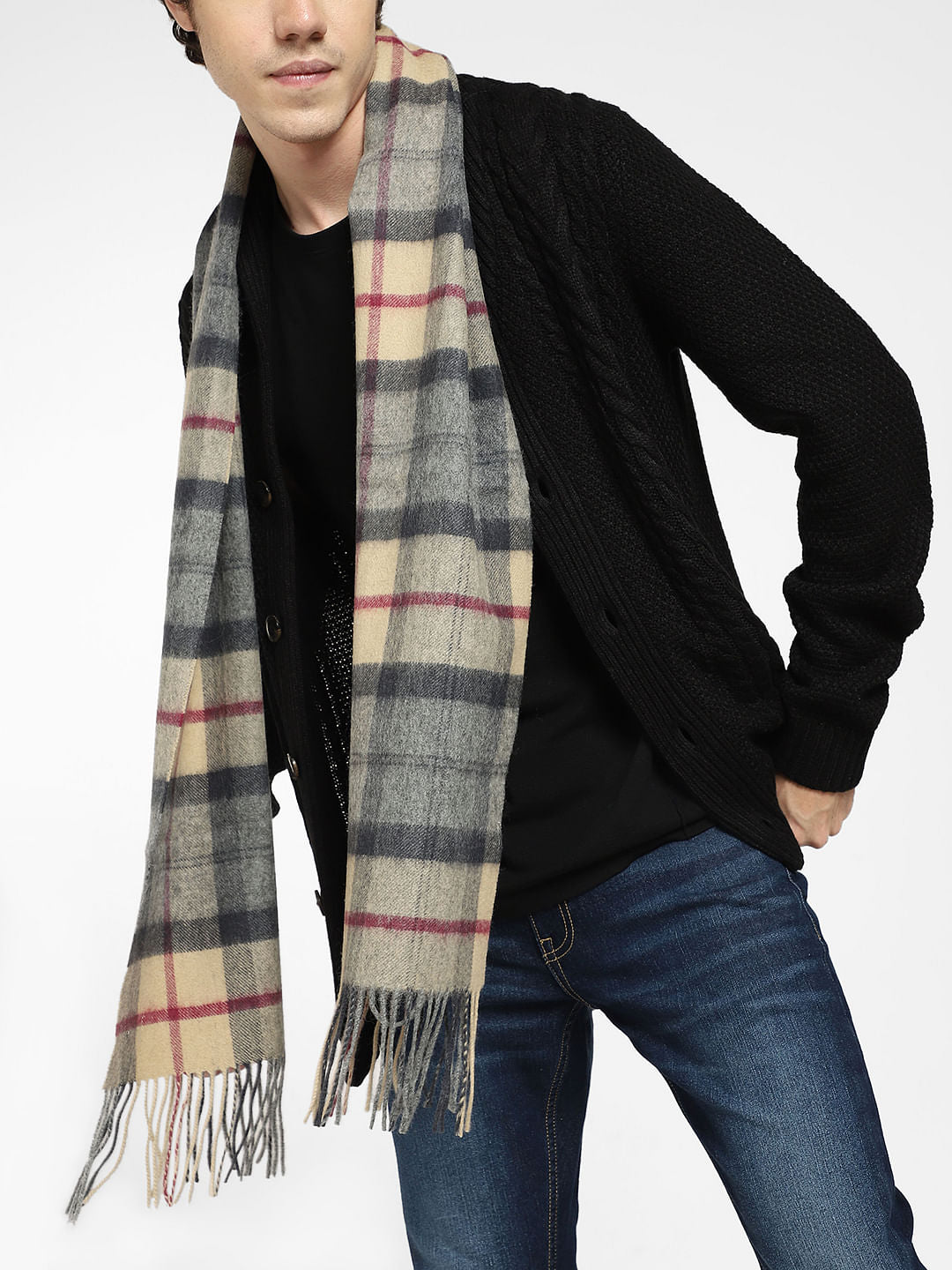 Beige Check Print Woven Scarf - ONE