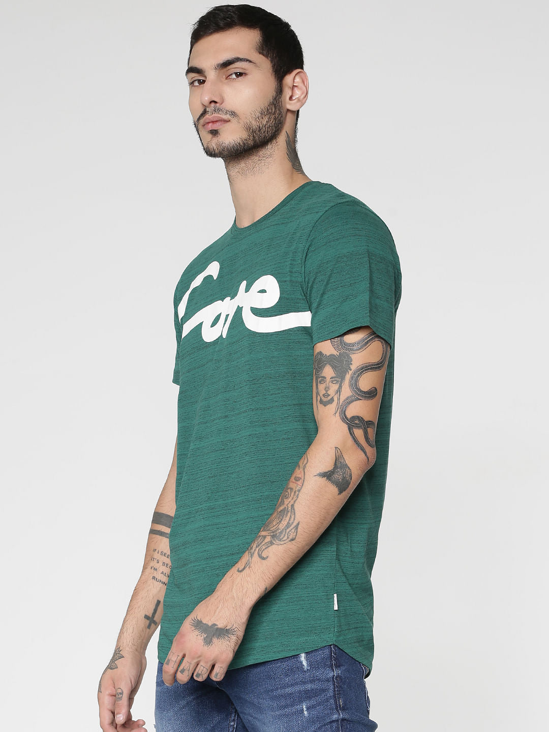 Green Text Print Crew Neck T-Shirt - S
