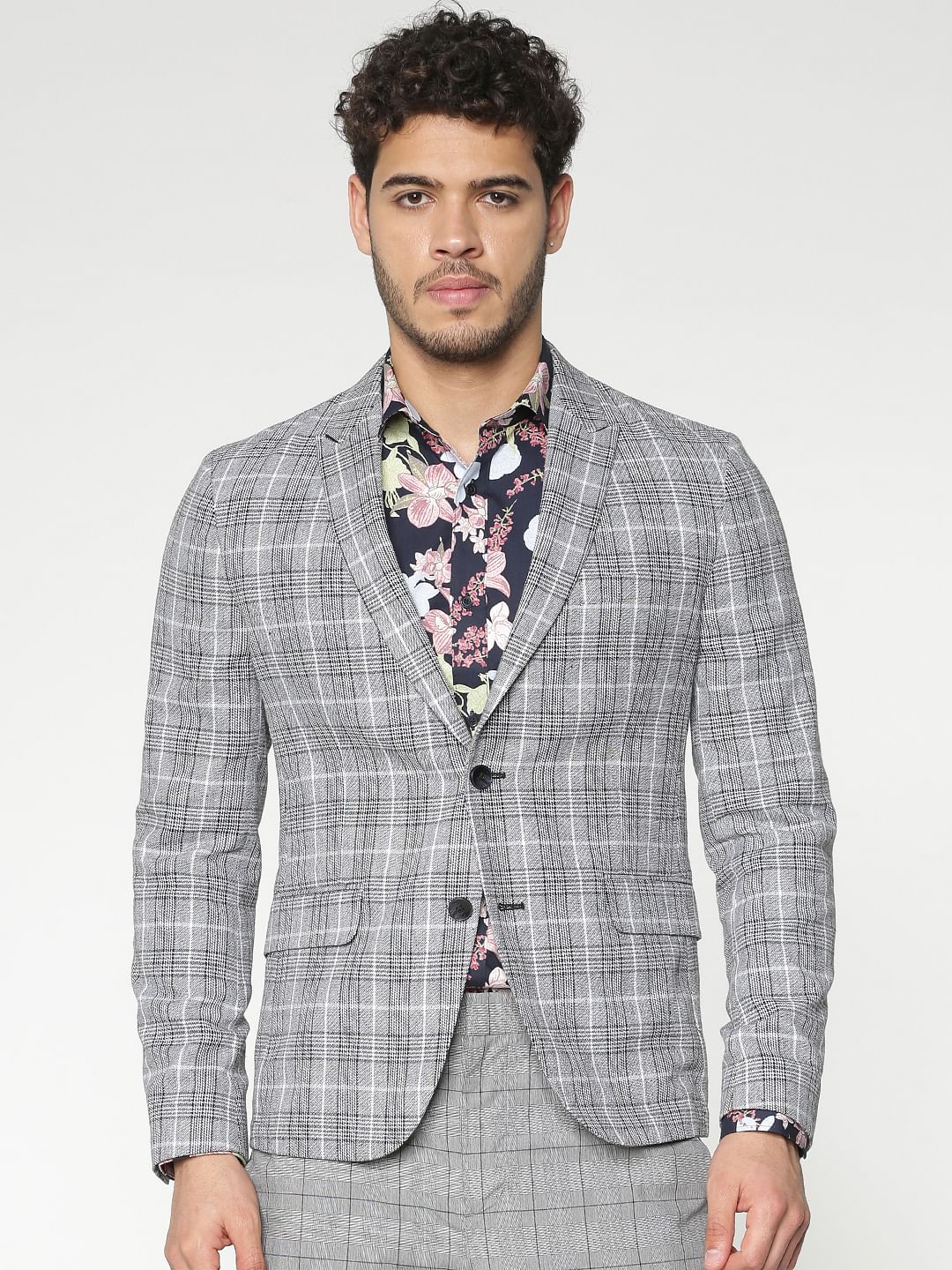 Grey Checks Double Button Blazer - 46