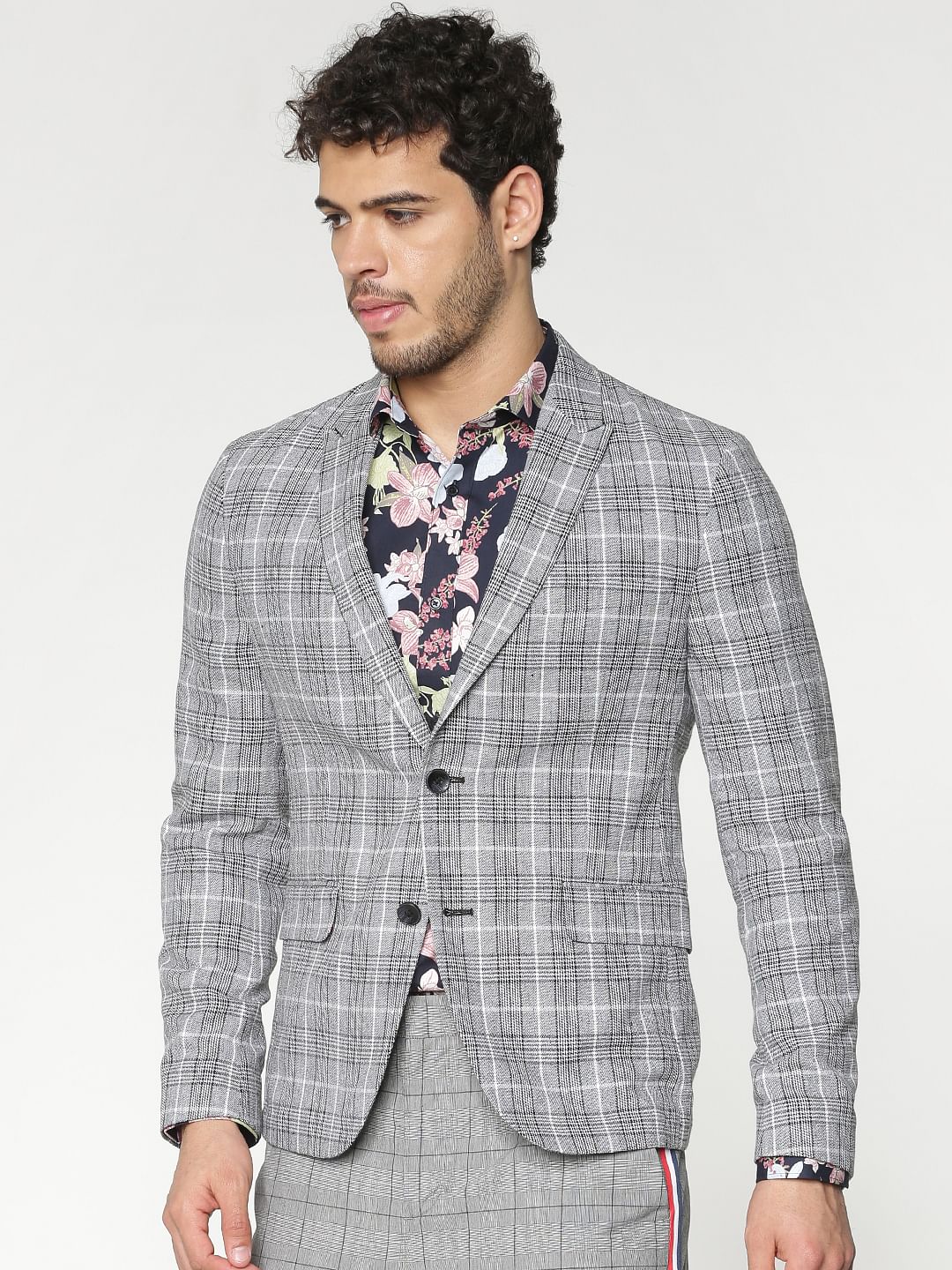 Grey Checks Double Button Blazer