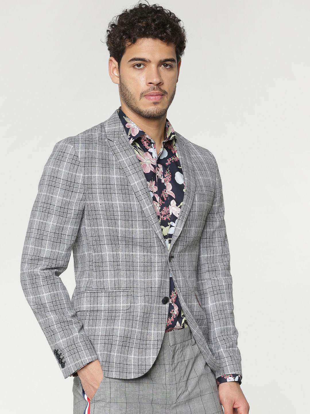 Grey Checks Double Button Blazer