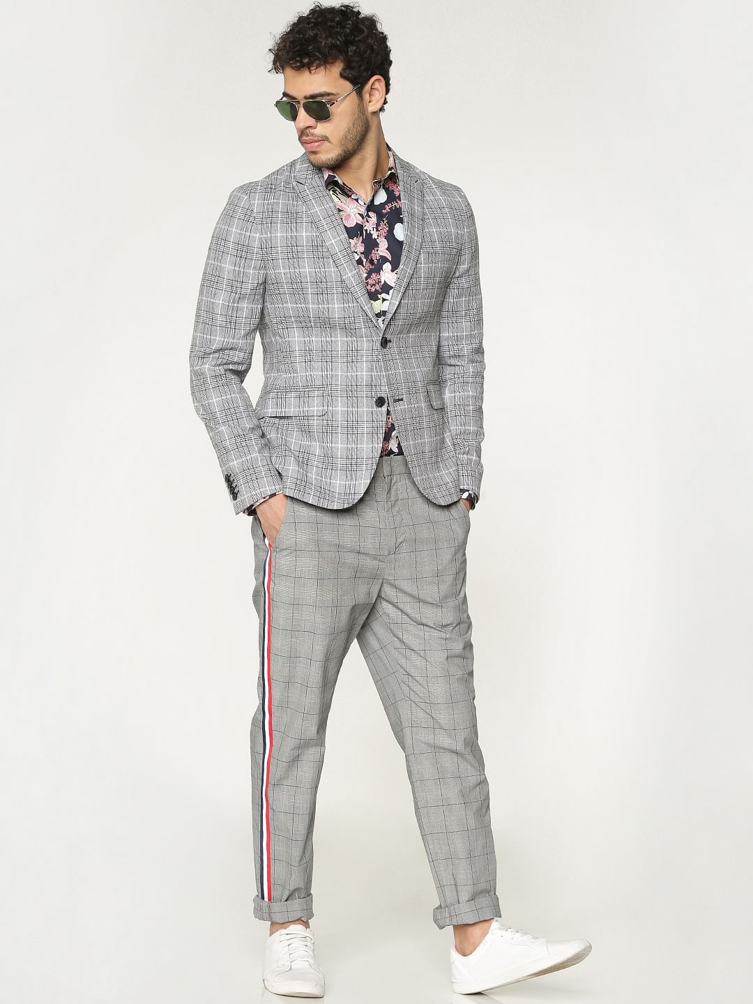 Grey Checks Double Button Blazer
