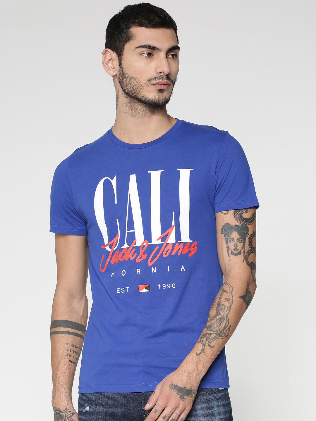 Blue Typographic Print Crew Neck T-Shirt - S