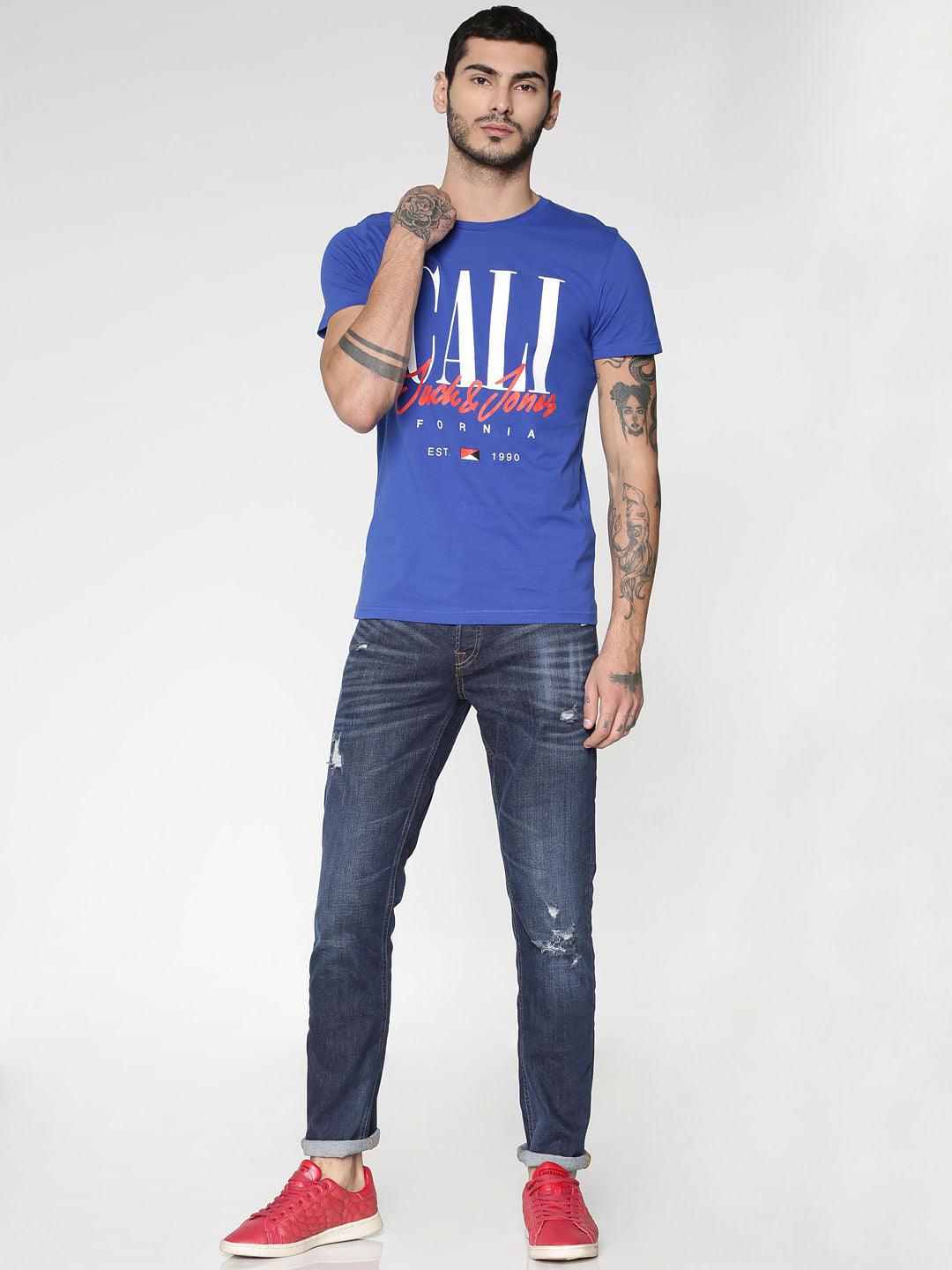 Blue Typographic Print Crew Neck T-Shirt