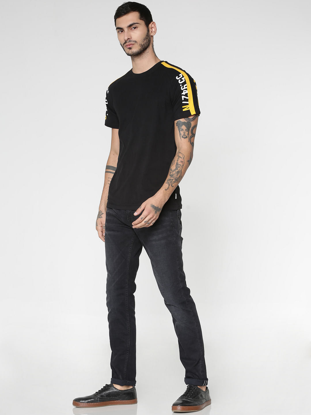 Black Colour Blocked Sleeve Crew Neck T-Shirt