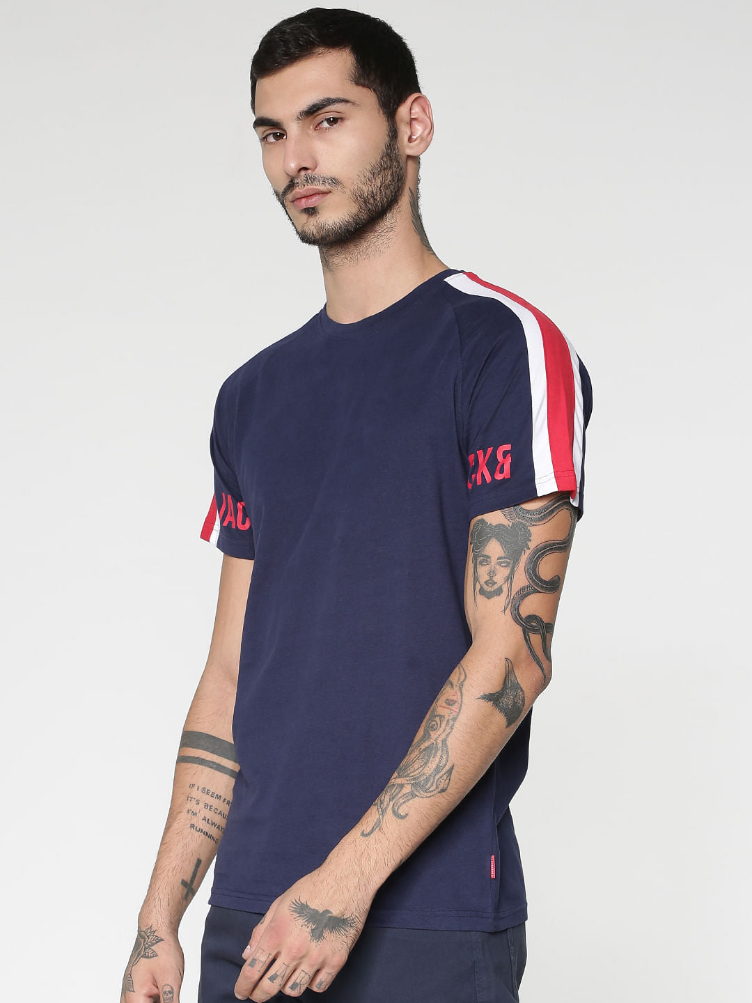 Blue Colour Blocked Sleeve Crew Neck T-Shirt