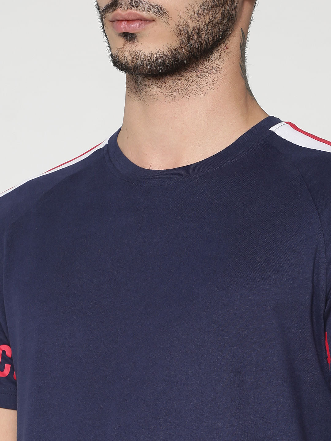 Blue Colour Blocked Sleeve Crew Neck T-Shirt