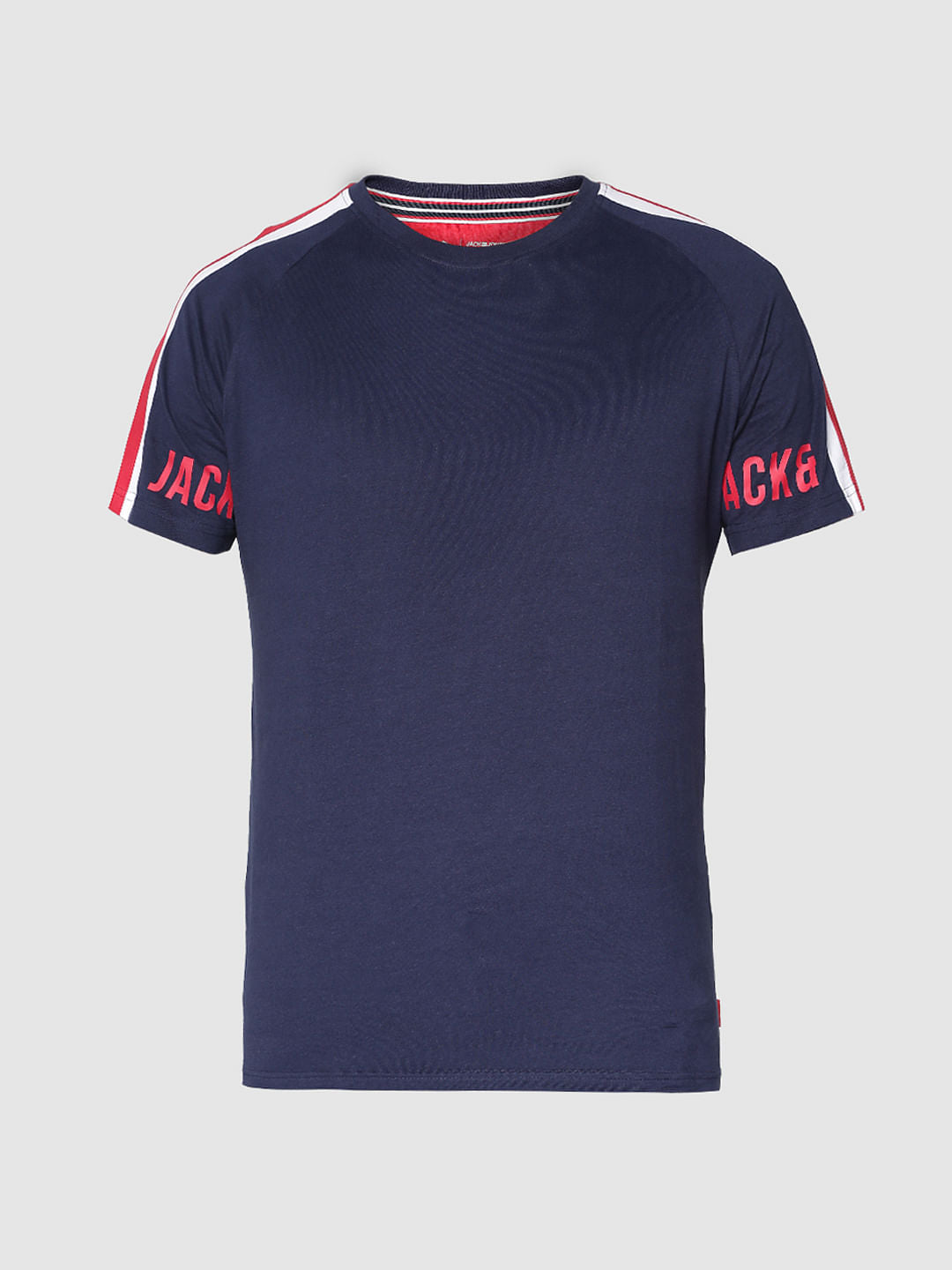 Blue Colour Blocked Sleeve Crew Neck T-Shirt