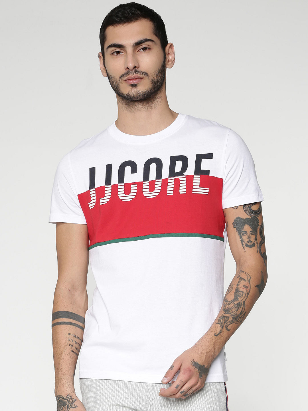 White Text Colour Blocked Print Crew Neck T-Shirt - S