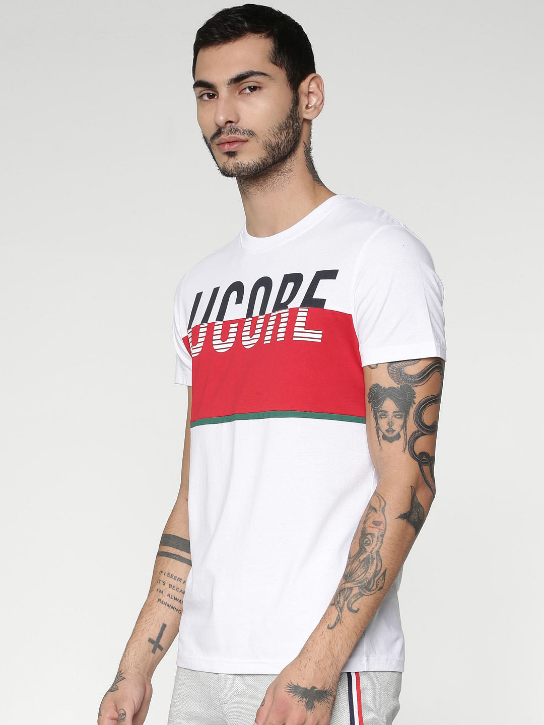 White Text Colour Blocked Print Crew Neck T-Shirt
