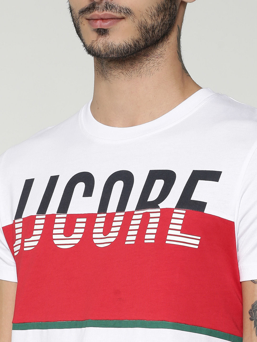 White Text Colour Blocked Print Crew Neck T-Shirt