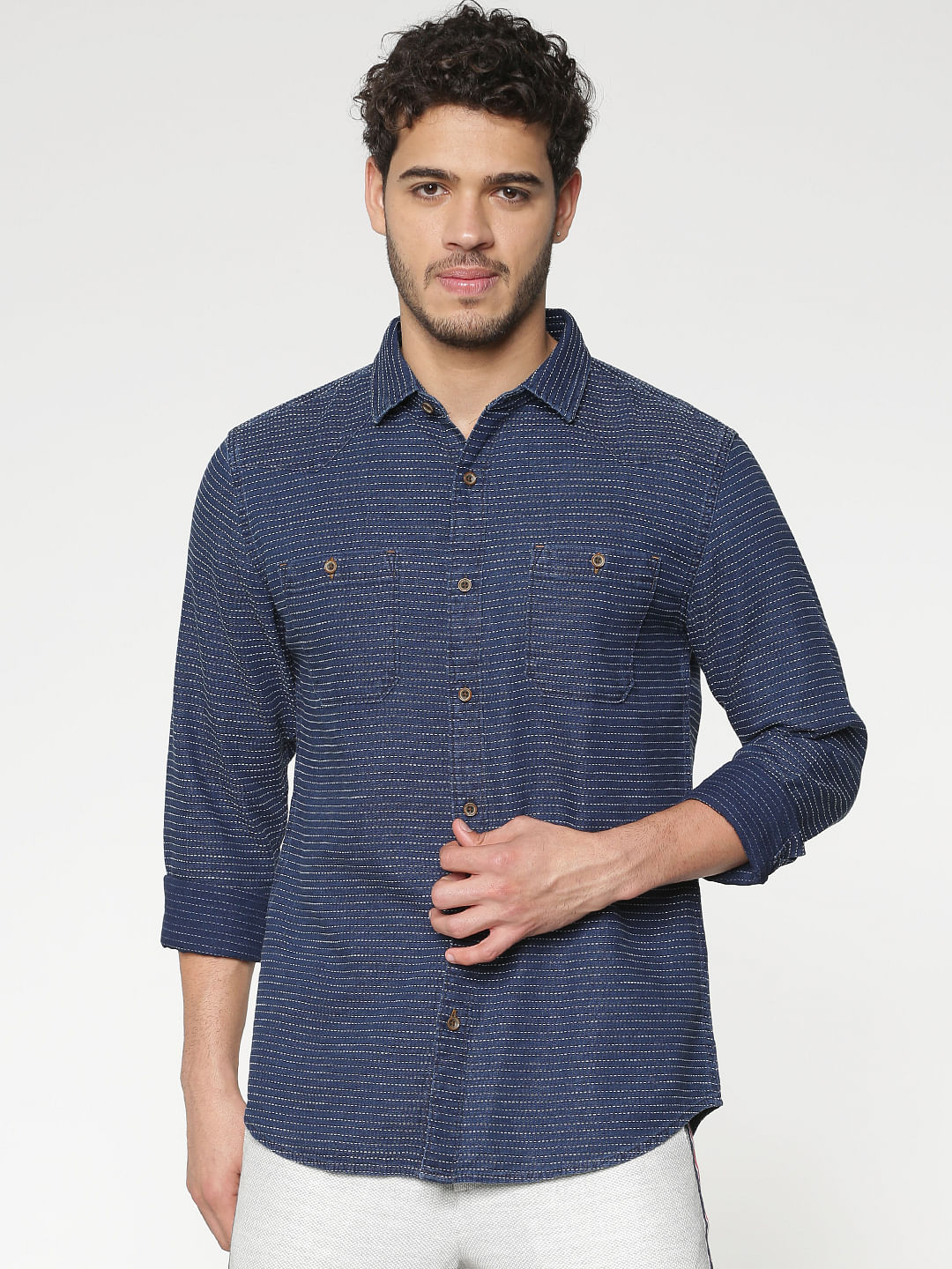 Dark Blue Striped Full Sleeves Shirt - S