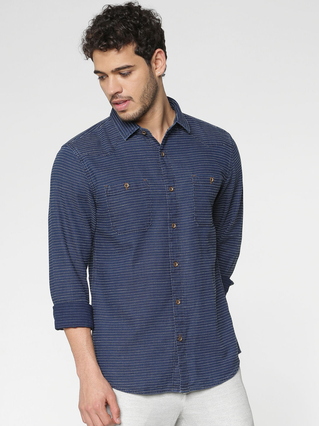 Dark Blue Striped Full Sleeves Shirt