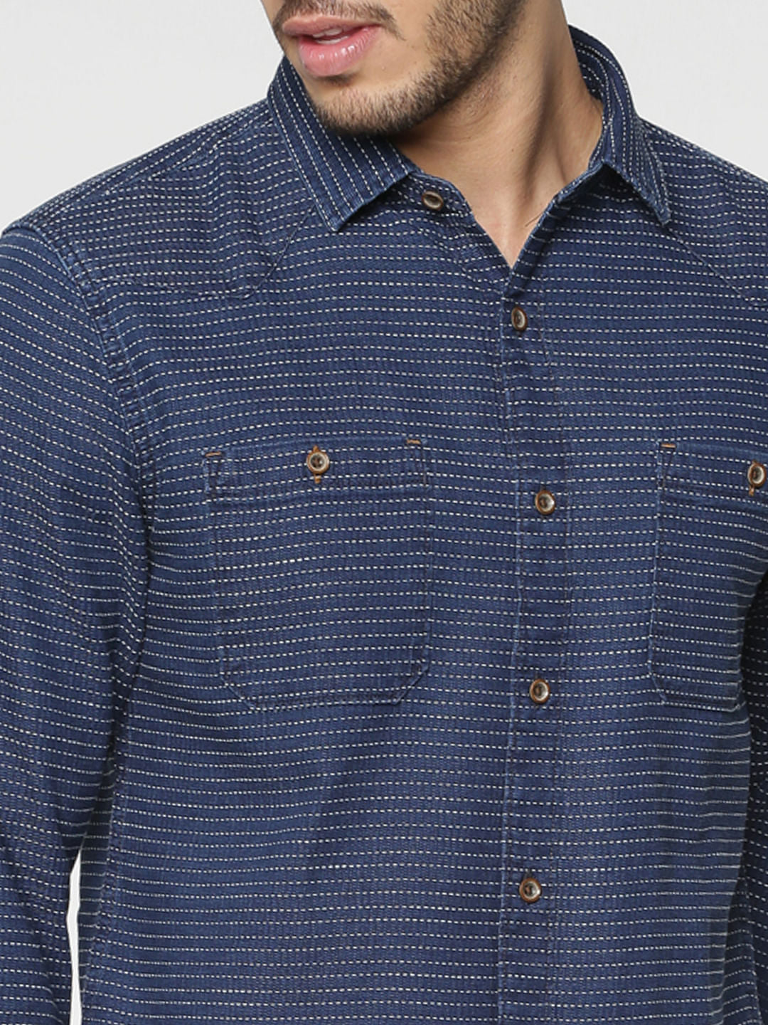 Dark Blue Striped Full Sleeves Shirt