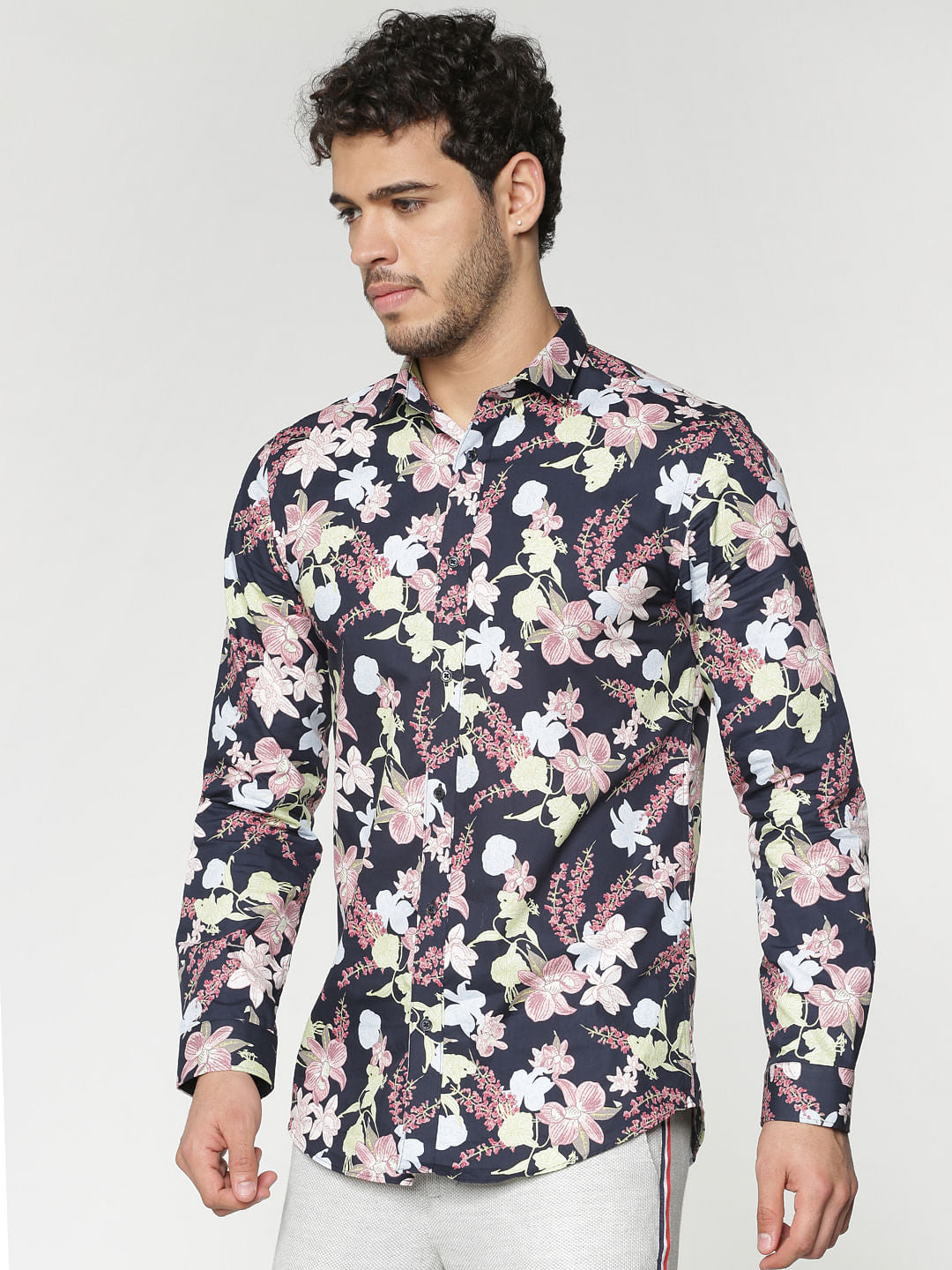 Navy Blue All Over Floral Print Full Sleeves Shirt