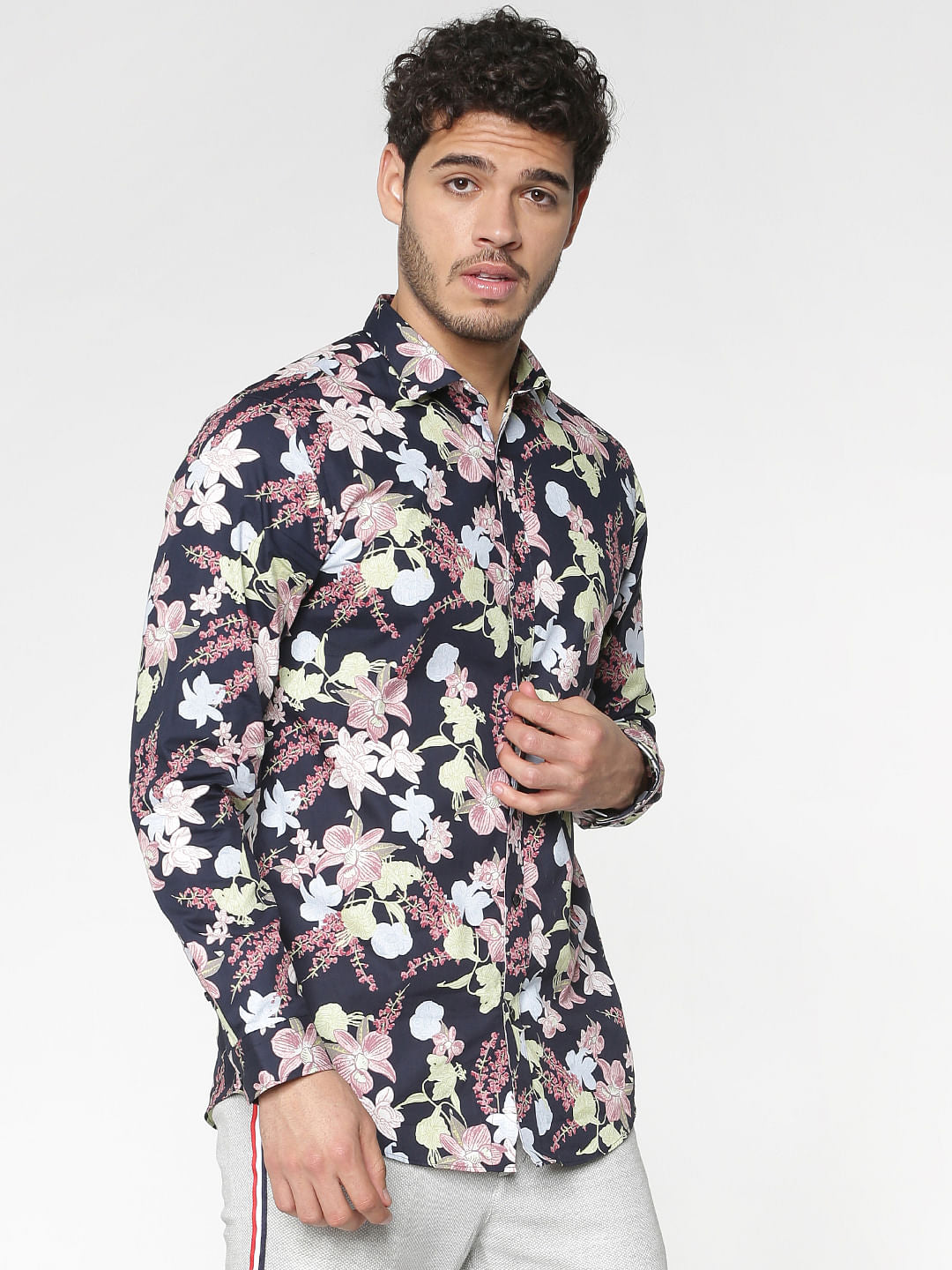 Navy Blue All Over Floral Print Full Sleeves Shirt