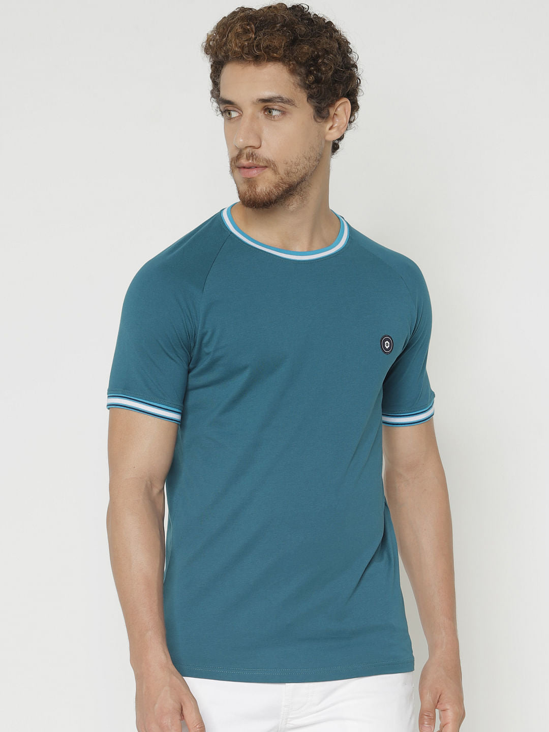 Blue Contrast Tipping Crew Neck T-Shirt - S
