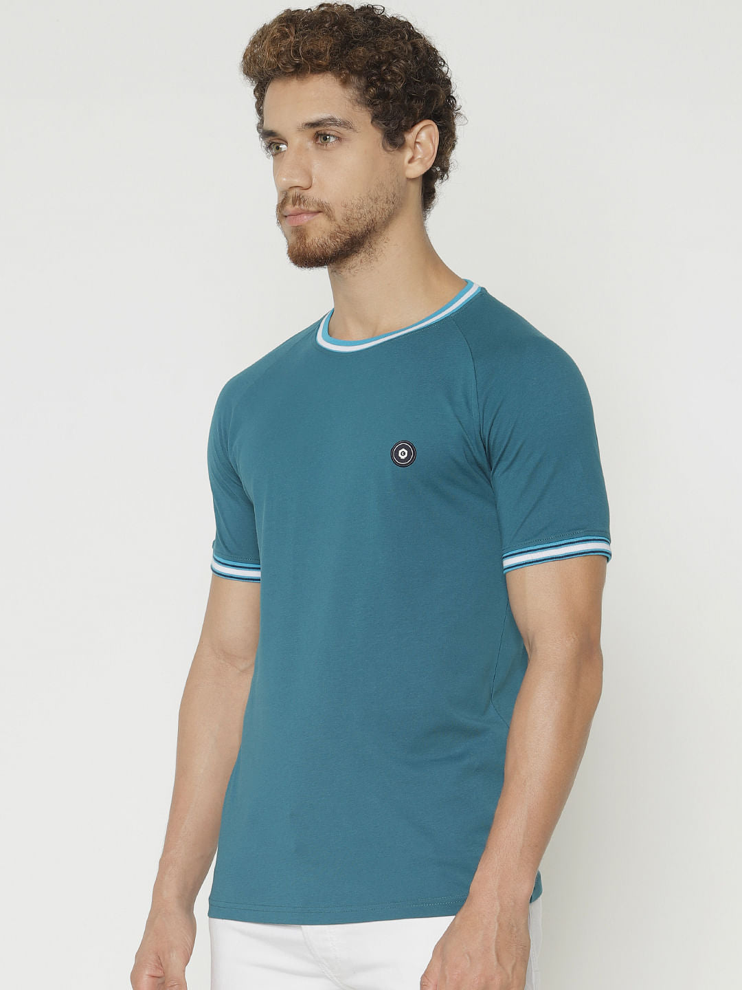 Blue Contrast Tipping Crew Neck T-Shirt