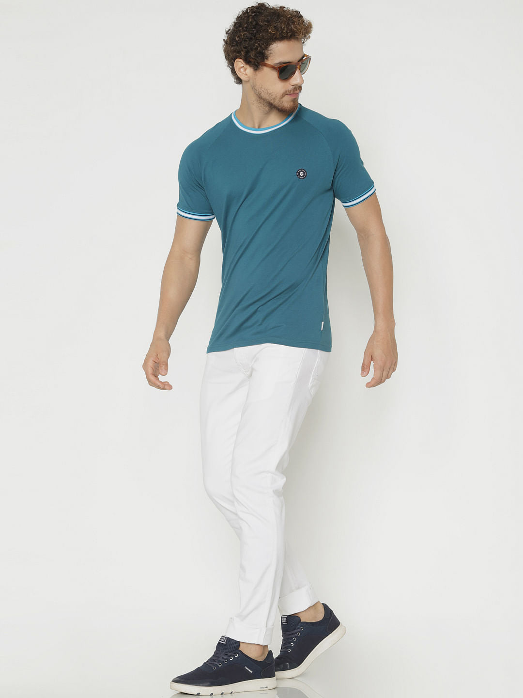 Blue Contrast Tipping Crew Neck T-Shirt
