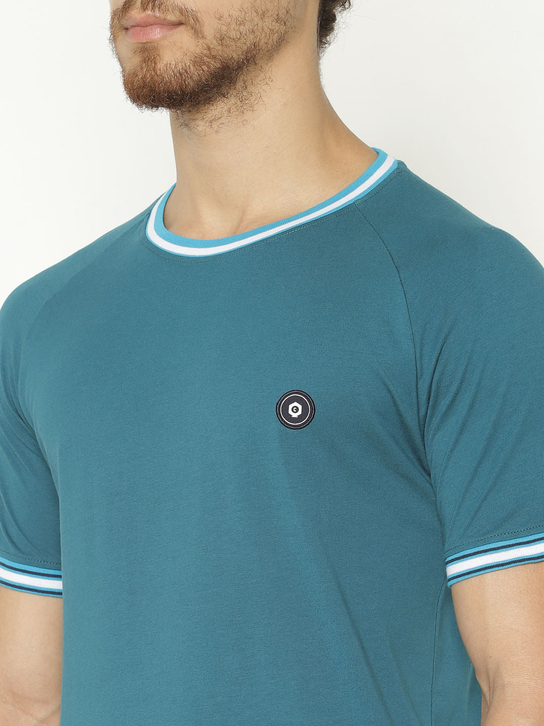 Blue Contrast Tipping Crew Neck T-Shirt