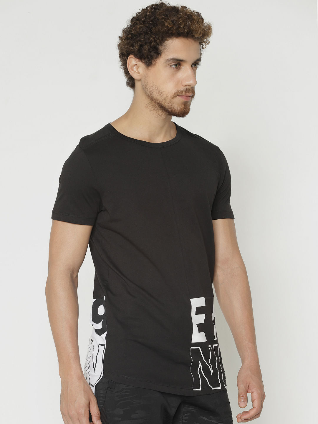 Black Printed Crew Neck T-Shirt - S