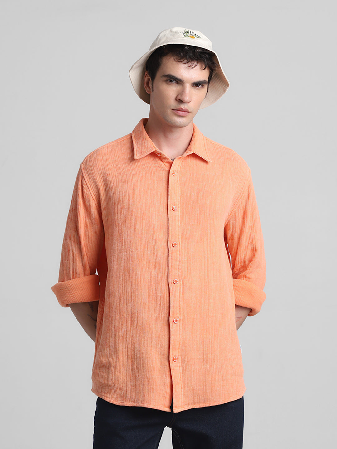Men Orange Self Design Cotton Regular Fit Casual Shirt - S