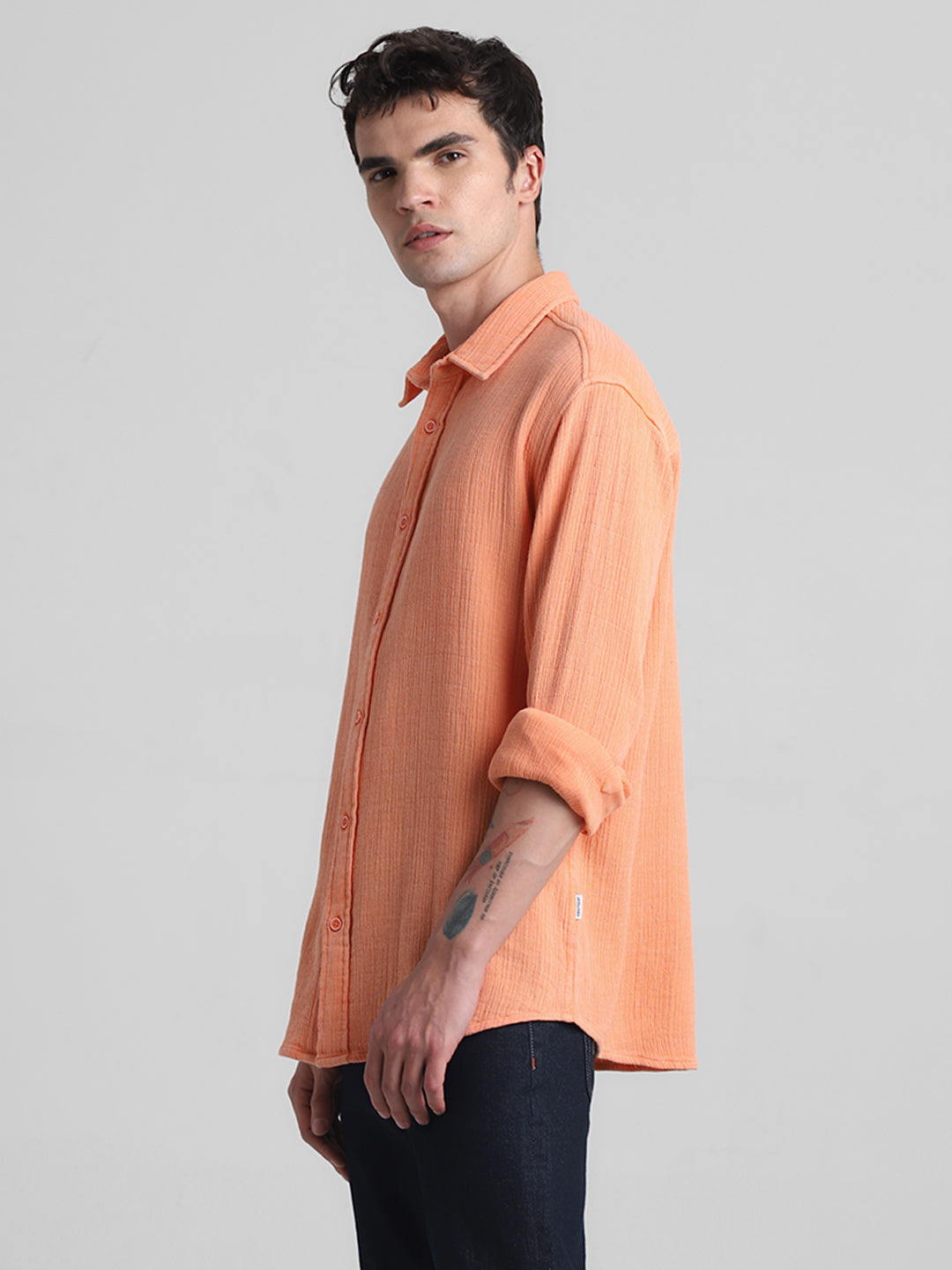 Men Orange Self Design Cotton Regular Fit Casual Shirt