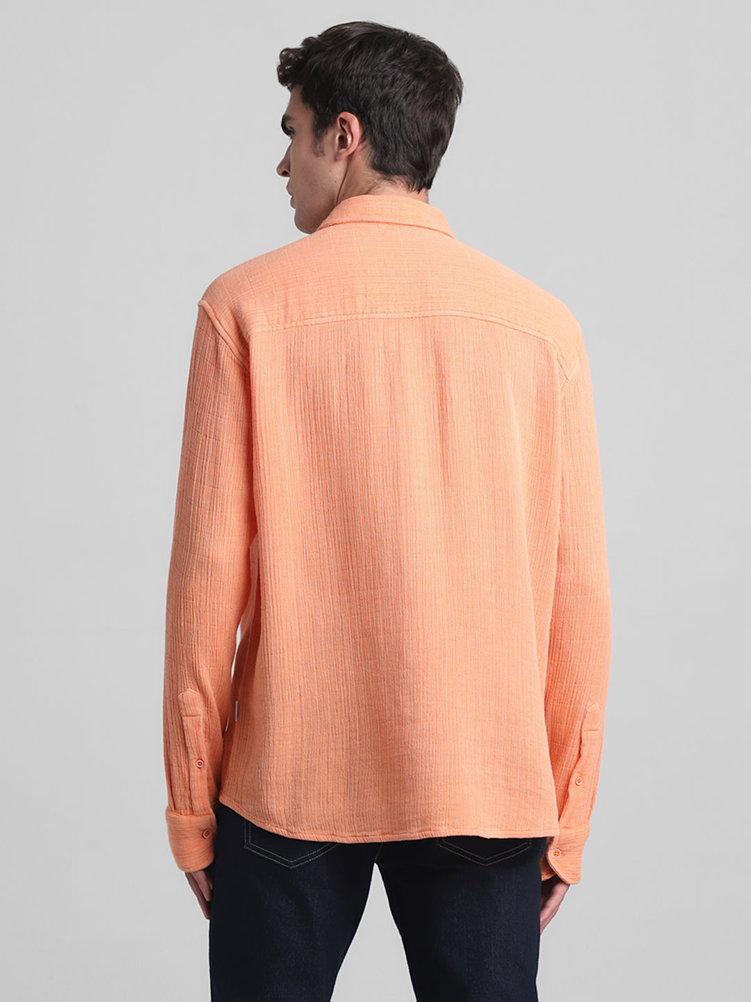 Men Orange Self Design Cotton Regular Fit Casual Shirt