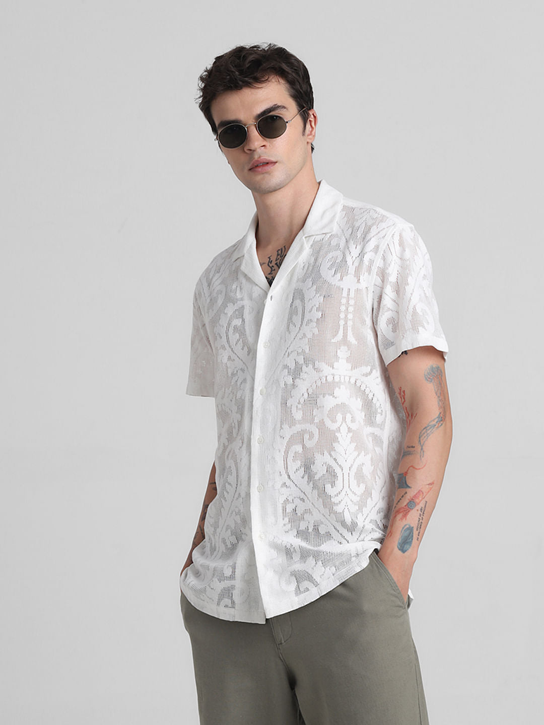 White Jacquard Sheer Shirt - L