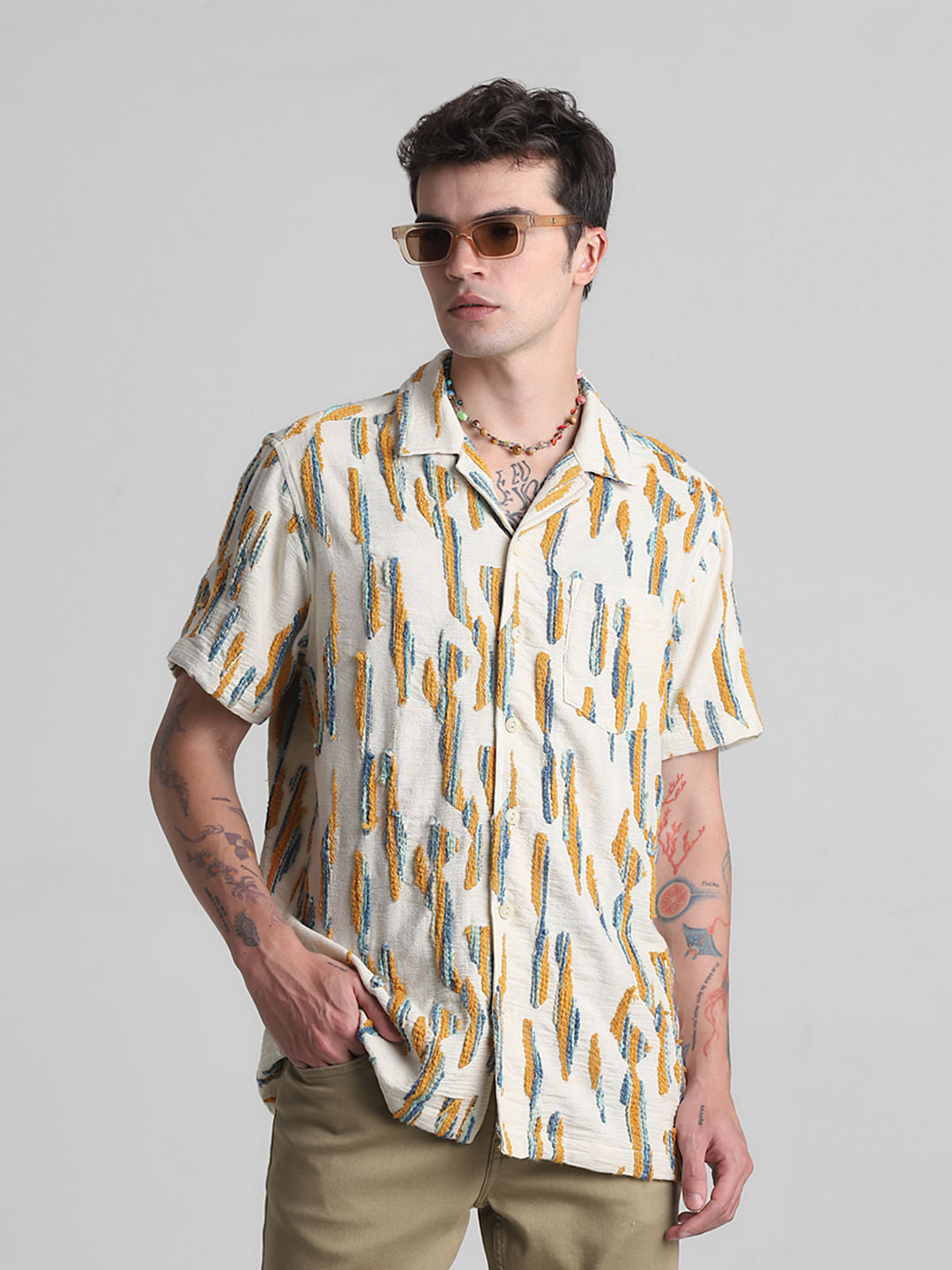Beige Embroidered Short Sleeves Shirt - S