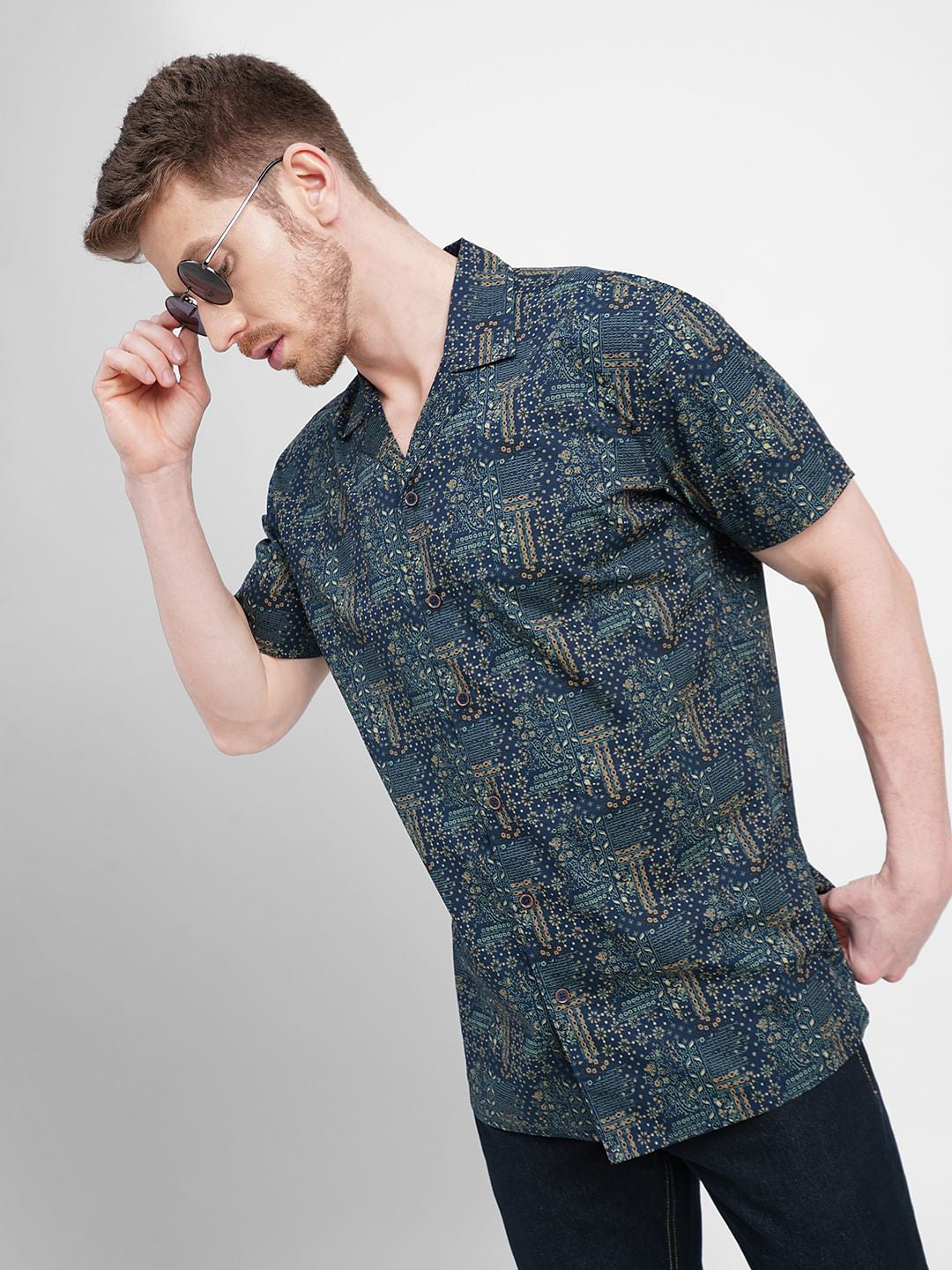 Blue Printed Short Sleeves Shirt - S