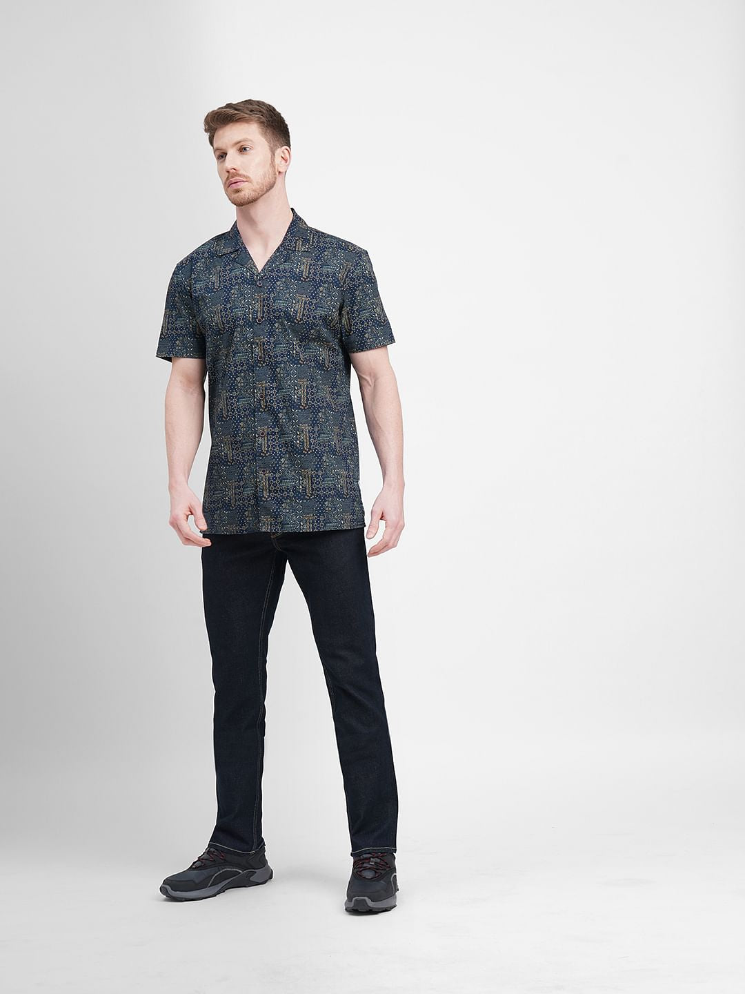 Blue Printed Short Sleeves Shirt