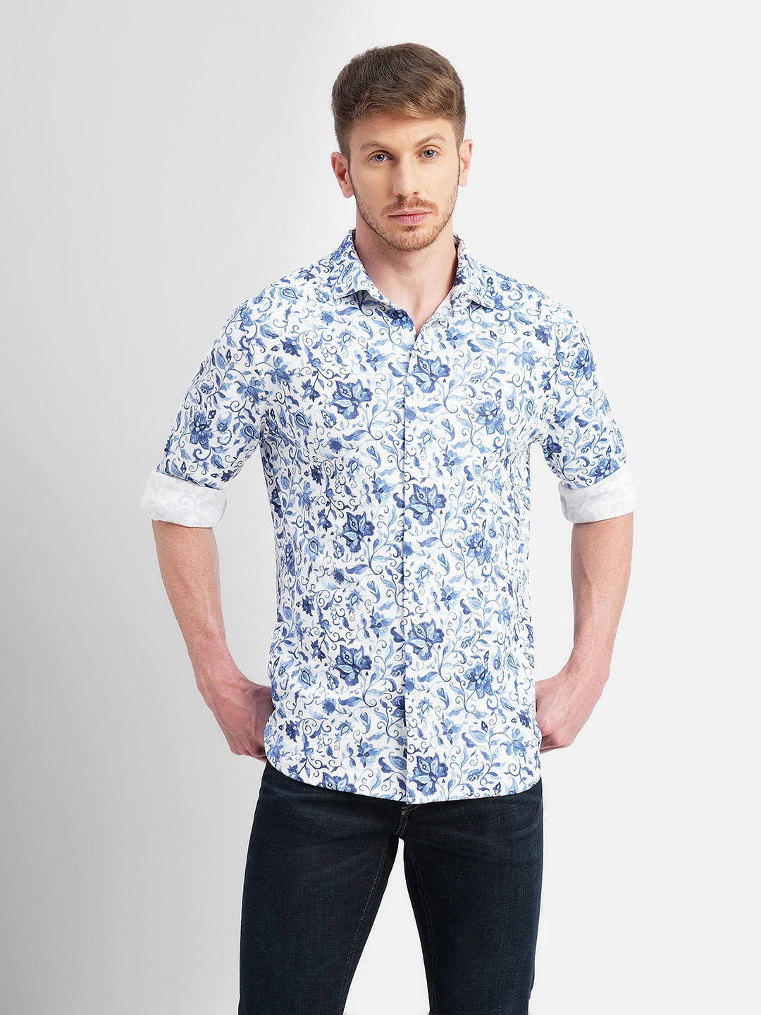 Blue Floral Full Sleeves Shirt