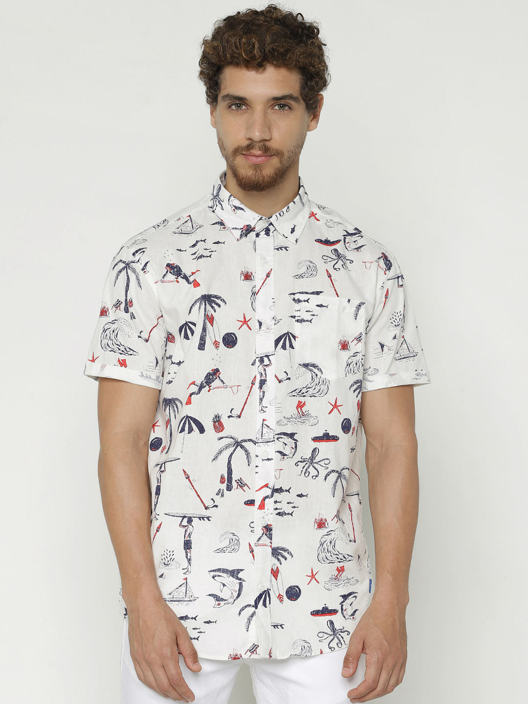 White All Over Print Short Sleeves Shirt