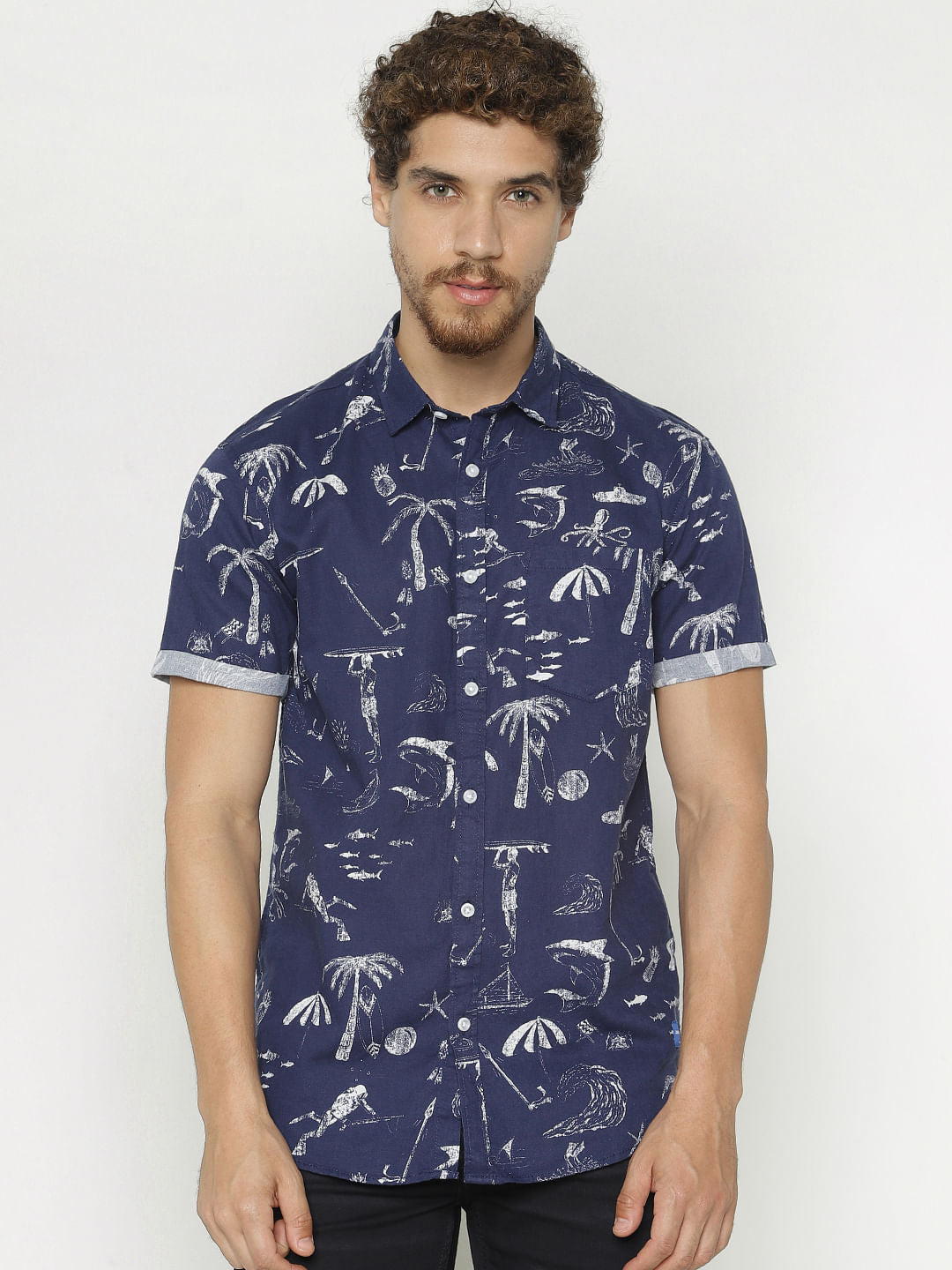Blue All Over Print Short Sleeves Shirt - S
