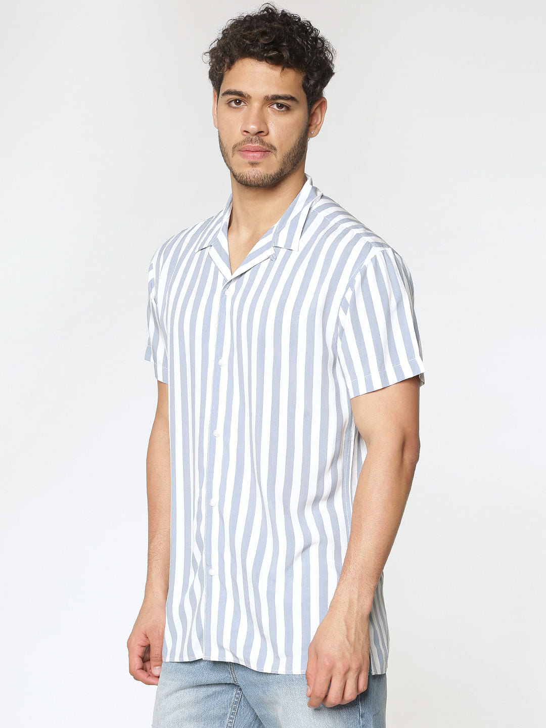 Blue And White Striped Short Sleeves Shirt