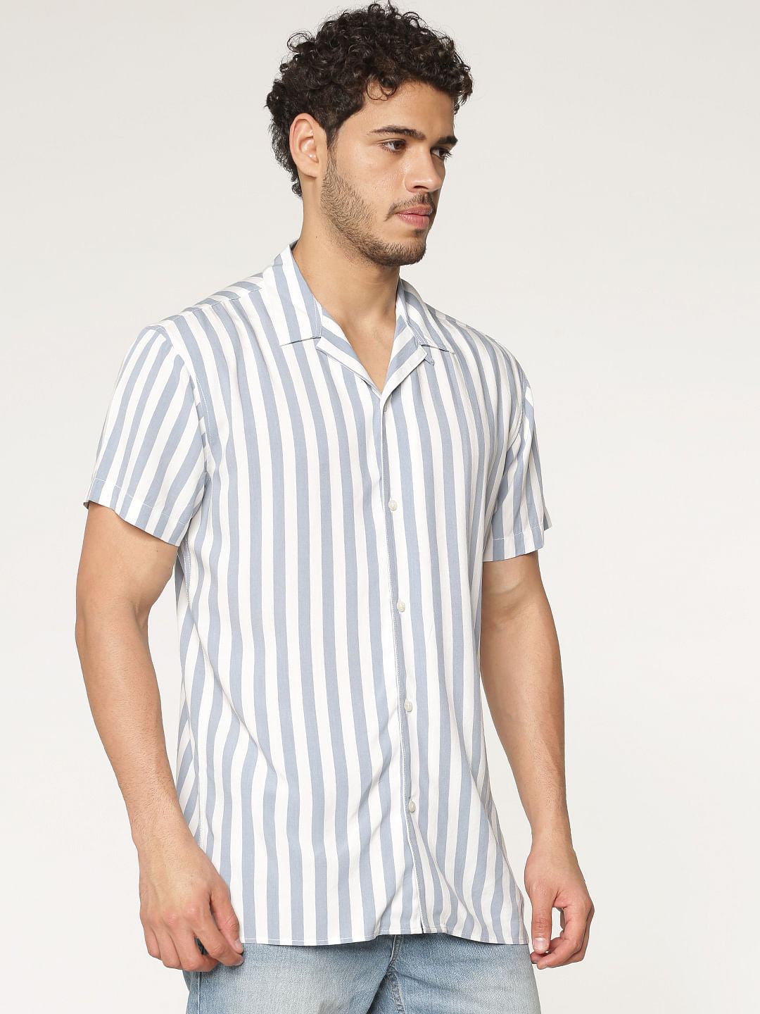 Blue And White Striped Short Sleeves Shirt