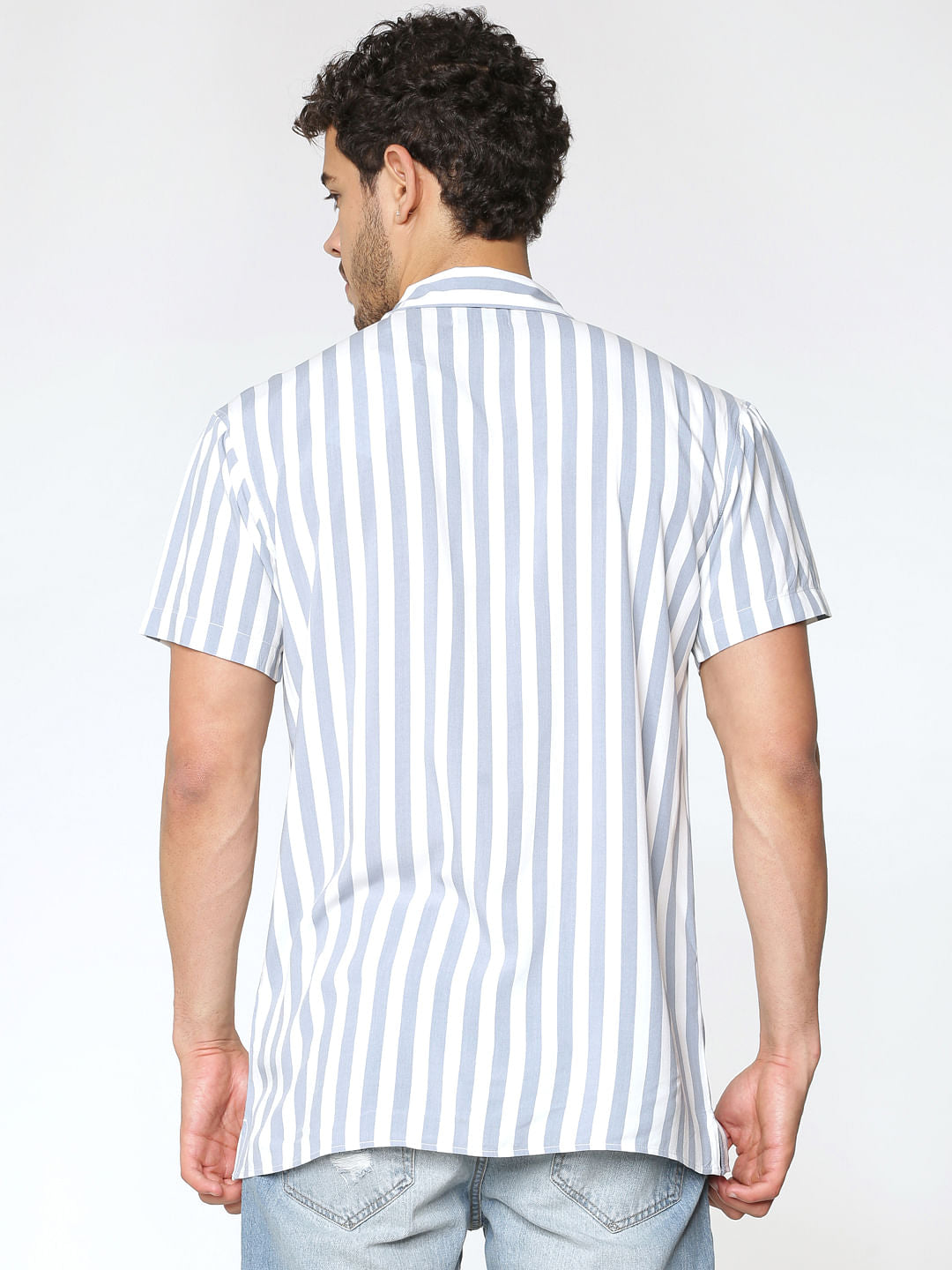 Blue And White Striped Short Sleeves Shirt