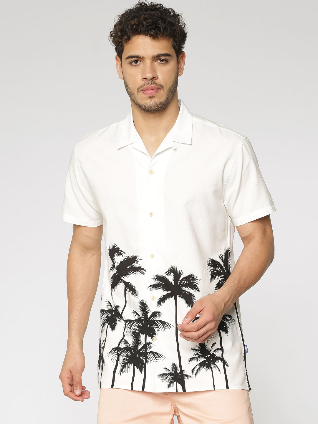 White Palm Tree Print Short Sleeves Shirt - S