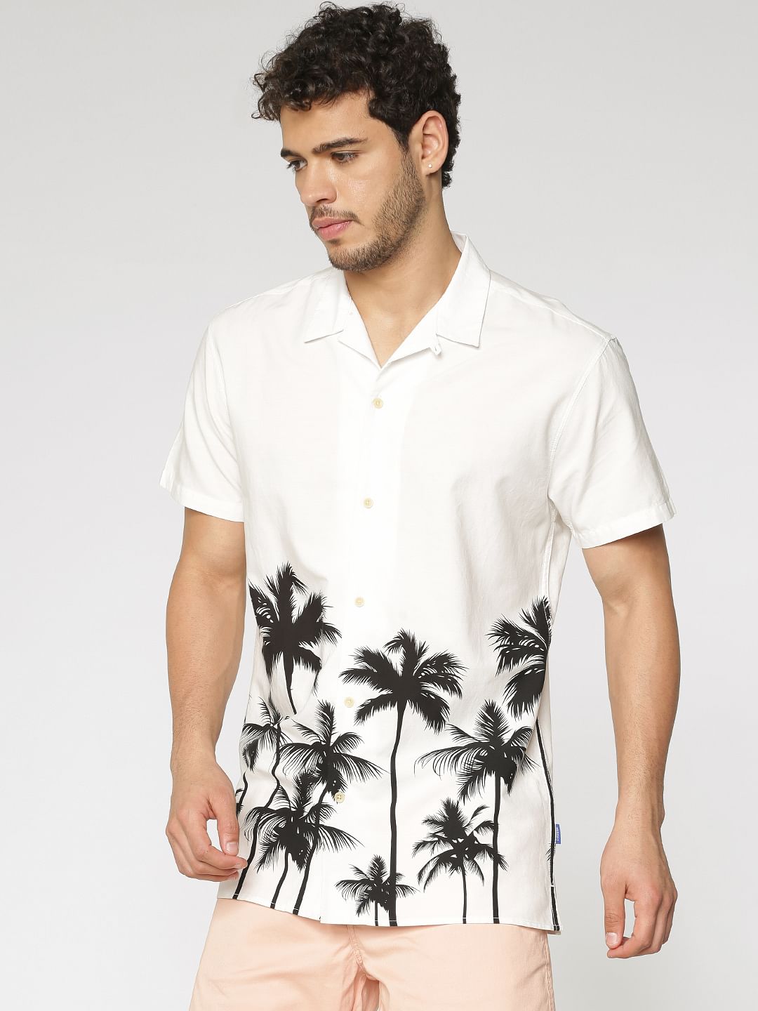 White Palm Tree Print Short Sleeves Shirt