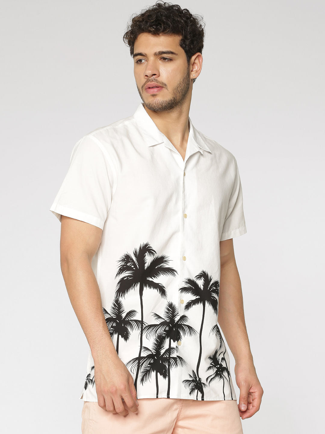 White Palm Tree Print Short Sleeves Shirt